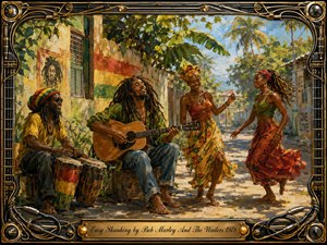 A joyful Caribbean street scene captures musicians and dancers relaxing beneath tropical palms in warm golden sunlight. Rich reds, greens, yellows, and earthy browns glow through expressive oil-painted textures. An acoustic guitarist and hand drummer anchor the composition, while flowing skirts suggest easy movement. An ornate musical frame completes the relaxed reggae atmosphere.