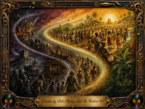 A richly textured oil-painted journey unfolds along a glowing S-shaped path, leading a determined procession from stormy darkness, captivity, and hardship toward a radiant tropical homeland filled with palms, celebration, and golden sunlight. Deep blacks, earthy browns, fiery oranges, and luminous golds heighten the spiritual, triumphant mood, framed by ornate musical details and vinyl records.