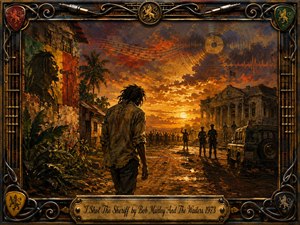 A solitary figure walks toward a tense gathering beneath a blazing Caribbean sunset, framed by palms, weathered buildings, police silhouettes, and a rugged vehicle. Rich amber, red, green, and shadowy earth tones create a defiant, contemplative mood. Textured oil-paint styling, musical motifs, metallic ornamentation, and an engraved title plate complete the dramatic composition.