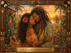 A loving couple embraces in a lush tropical garden beneath a glowing Caribbean sunset, surrounded by palms, flowers, and an acoustic guitar. Warm gold, coral, green, and amber tones create a tender, dreamy mood. Painterly oil, acrylic, and watercolor textures are enclosed by an ornate music-themed wooden frame and engraved title plate.