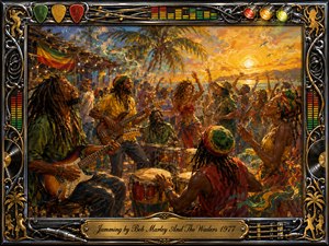 A vibrant tropical reggae jam unfolds beneath palm trees at golden sunset, with guitarists, drummers, dancers, and a joyful crowd moving together. Rich oil-painted textures blend glowing gold, green, red, and blue tones. An ornate chrome-and-gold musical frame, decorated with records, strings, lights, and equalizers, completes the celebratory scene.