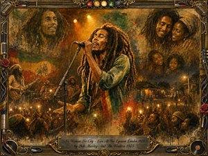 Bob Marley sings passionately beneath warm golden stage lights, surrounded by layered memories of family, community, musicians, and glowing concert crowds. Rich amber, green, red, and earthy tones create a nostalgic atmosphere in a textured painterly collage style. An ornate music-themed frame and engraved title plate complete the intimate, soulful composition.