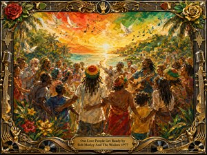 A joyful multicultural gathering joins hands beside a glowing tropical shoreline, celebrating unity through music, dance, and shared affection. Warm gold, red, green, and ocean blue tones radiate beneath a brilliant sunset as doves and musical notes sweep overhead. Painterly textures, lush foliage, guitar playing, and an ornate musical frame create a hopeful, timeless atmosphere.