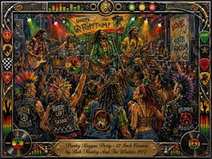 A vibrant punk-reggae concert erupts with musicians performing before a tightly packed, rebellious crowd of dancers, raised fists, leather, dreadlocks, and colorful mohawks. Fiery reds, greens, golds, and blacks glow beneath dramatic stage lights. Expressive painted textures, graffiti, instruments, records, and an ornate music-themed frame create energetic unity and celebration.