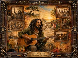 Bob Marley sits at the heart of a nostalgic reggae collage, strumming an acoustic guitar against a glowing Caribbean sunset and lively village street. Warm amber, rust, green, and sepia tones create a reflective, hopeful mood. Vintage portraits, records, musical details, rosewood framing, and ornate gold inlays enrich the textured painterly composition.