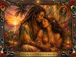 A tender couple embraces in a lush tropical garden beside a glowing ocean sunset, surrounded by palms, flowers, lanterns, and reggae-inspired mural imagery. Warm gold, amber, red, and green tones create a peaceful romantic mood. Rich painterly textures blend oil, acrylic, and watercolor effects within an ornate musical frame of roses, strings, records, and gold filigree.