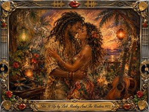 A romantic couple embraces on a lush tropical veranda at sunset, surrounded by glowing lanterns, flowers, drifting smoke, a turntable, and acoustic guitars. Warm amber, coral, green, and violet tones create a tender reggae atmosphere. Rich impressionistic brushwork blends oil, acrylic, and watercolor textures within an ornate musical frame.