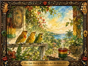 Three small golden-green birds perch on a rustic balcony overlooking a lush tropical coastline beneath a glowing blue-and-gold sky. Warm watercolor textures create a peaceful, hopeful mood, enriched by flowering foliage, palm trees, and a steaming striped mug. An ornate dark-wood musical frame surrounds the scene with gold inlay and a centered engraved title plate.