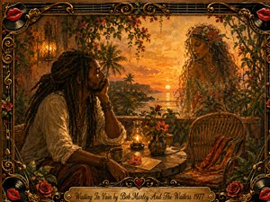 A wistful man with long dreadlocks sits at a rustic table overlooking a glowing tropical sunset, while an ethereal woman appears among flowering vines beside an empty chair. Warm gold, amber, red, and green tones blend through textured oil, acrylic, and watercolor effects, framed by ornate musical filigree, roses, records, and bright red lips.