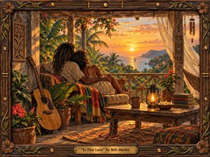 A loving couple relaxes together on a rustic tropical veranda overlooking a glowing Caribbean sunset. Warm amber light washes across carved wood, lush foliage, patterned textiles, an acoustic guitar, lantern, pottery, and flowers. Painterly textures, rich greens and golds, and an ornate handcrafted frame create an intimate, peaceful, timeless atmosphere.