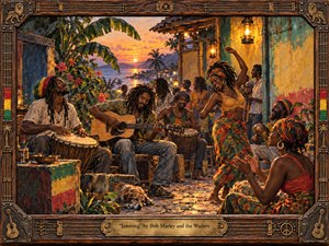 A joyful Jamaican courtyard jam unfolds at sunset, with musicians, dancers, and friends gathered beneath glowing lanterns beside tropical foliage and weathered walls. Warm amber, green, red, and turquoise tones enrich the textured oil-paint surface, while a carved wooden musical frame and brass title plate reinforce the celebratory, soulful reggae atmosphere.