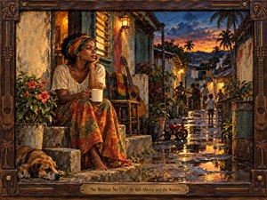 A contemplative woman sits barefoot on worn steps in a rain-washed Jamaican lane at sunset, a sleeping dog beside her and distant neighbors making music. Warm amber lamplight and glowing puddle reflections contrast with deep blue sky. The composition is intimate yet expansive, rendered in richly textured, handcrafted painterly detail within a carved wooden frame.