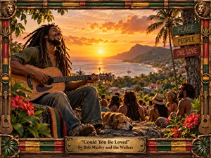 A joyful guitarist sits above a tropical bay at sunset, surrounded by friends, palms, flowers, and a resting dog. Golden light washes the scene in warmth and freedom, while deep greens, reds, and earth tones enrich the cinematic realism. A handcrafted reggae-inspired frame and engraved title plate complete the celebratory composition.