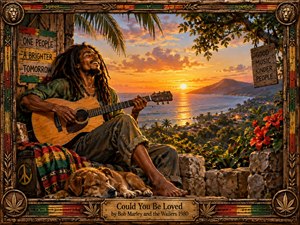 A joyful dreadlocked guitarist relaxes above a tropical coastline at sunset, accompanied by a sleeping dog and lush hibiscus. Warm gold, green, and red tones glow across the handcrafted painterly scene. Carved wood, woven fabric, rustic signs, musical details, and a decorative frame reinforce its peaceful, communal reggae atmosphere.