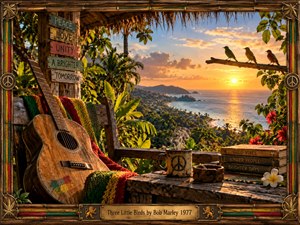 A weathered acoustic guitar rests on a rustic tropical veranda overlooking a glowing coastal sunset, framed by lush palms and three perched birds. Warm gold, green, red, and ocean blue create a peaceful reggae-inspired mood. Handcrafted wood, woven fabric, flowers, steam, and aged details give the scene rich tactile realism.