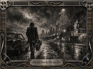A lone musician carrying a guitar case walks past a weathered muscle car toward a distant city glowing through rain and haze. Deep feathered charcoal textures create a brooding, reflective mood, with wet pavement catching scattered lights. An ornate chrome-and-gold music-themed frame surrounds the scene, anchored by an engraved title plate.