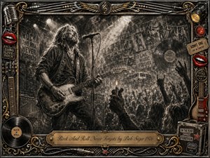 A weathered rock musician commands a smoky stage, guitar in hand before a surging crowd of raised arms and glowing lighters. Deep charcoal textures, dramatic spotlights, and nostalgic concert imagery create a timeless, defiant mood. An ornate chrome-and-gold frame, red lips, records, guitars, tickets, and engraved plaque complete the vintage tribute.