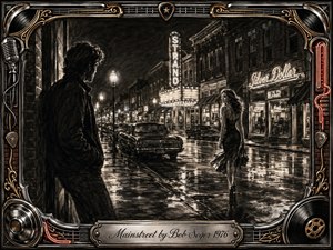 A rain-slicked Main Street glows beneath theater lights and neon signs as a shadowed young man watches an elegant woman walk through the night. Deep charcoal textures, sepia highlights, classic cars, and shimmering reflections create a wistful, romantic mood, framed by ornate chrome, gold, vinyl, and rock-and-roll details.