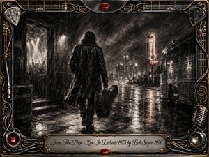A lone road-worn musician carrying a guitar case walks through a rain-slick Detroit night, leaving bright stage lights and a distant crowd behind. Deep feathered charcoal textures create a somber, reflective mood, accented by neon red and metallic gold. An ornate music-themed frame of strings, picks, cables, and chrome surrounds the scene.