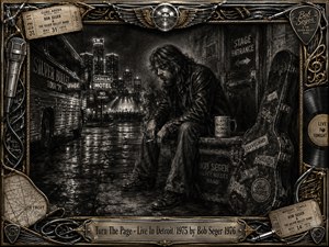 A weary 1970s rock musician sits beside battered road cases on a rain-slick Detroit street, surrounded by tour-bus reflections, smoky stage light, and distant city glow. Deep feathered charcoal creates a brooding, introspective mood, while chrome, gold inlay, tickets, cables, records, and musical hardware form an ornate memorabilia frame.