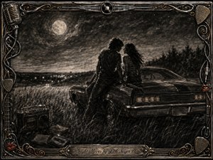 A young couple leans closely against a vintage muscle car in a moonlit field, surrounded by tall grass and distant town lights. Deep feathered charcoal textures create a nostalgic, intimate mood, while silver-gray highlights illuminate the sky. An ornate chrome-and-gold musical frame surrounds the scene, finished with an engraved title plate.
