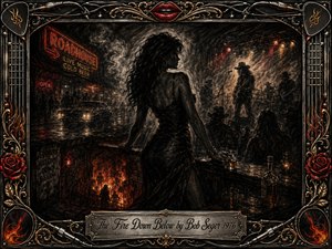 A smoky roadhouse glows with ember-red firelight as a mysterious woman leans against the bar, framed by shadowy musicians, neon signs, and a classic car outside. Deep feathered charcoal textures create a gritty noir mood, while chrome, gold filigree, roses, guitar details, and red lips ornament the dramatic rock-inspired border.