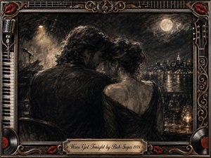 A tender couple leans together beneath a moonlit city skyline, captured in smoky, deeply textured charcoal with warm amber highlights. Candlelight, wine, and distant waterfront reflections create a quiet, intimate mood. An ornate chrome-and-gold musical frame surrounds the scene, featuring piano keys, microphones, guitar details, vinyl records, red lips, and an engraved title plate.