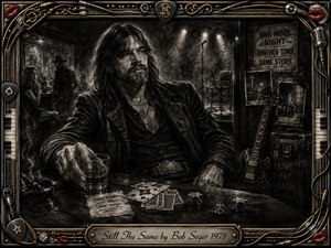 A rugged, long-haired musician sits at a smoky late-night bar, holding whiskey beside cards, dice, and poker chips. Deep feathered charcoal textures create a brooding, reflective mood, while dramatic spotlights illuminate the shadowy stage. Chrome, gold, piano keys, cables, guitar motifs, and red lips ornament the elaborate frame.