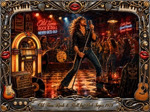 A vibrant retro rock club pulses with nostalgic energy as a charismatic singer commands the stage beside a glowing jukebox, guitars, drums, vinyl records, and dancing crowds. Warm amber, crimson, and electric blue lighting reflects across the checkerboard floor, while ornate chrome-and-gold musical framing and red-lip emblems create a richly detailed vintage poster style.