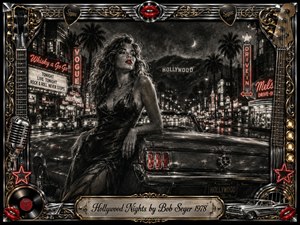A glamorous woman with vivid red lips leans against a classic convertible on a rain-slicked Hollywood boulevard, surrounded by palm trees, glowing marquees, neon signs, and distant hills. Deep feathered charcoal textures create a smoky noir mood, while chrome, gold, red accents, musical ornaments, and the engraved frame evoke restless 1970s rock-and-roll nightlife.