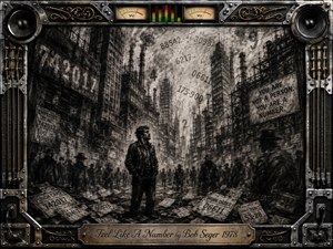 A lone working man stands amid a bleak industrial city and anonymous crowds, surrounded by floating numbers, punch cards, and factory towers. Deep feathered charcoal creates a gritty, oppressive mood, while smoky gray lighting heightens isolation. A chrome-and-gold music-inspired frame, speakers, VU meters, and engraved title plate complete the dramatic composition.
