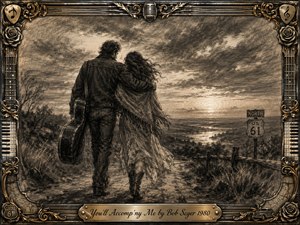 A couple walks closely together along a rugged country road toward a glowing sunset, their backs framed by windswept fields and distant water. Deep feathered charcoal and sepia tones create a tender, nostalgic mood, while dramatic clouds and warm horizon light add depth. An ornate music-themed metallic frame completes the romantic Americana composition.
