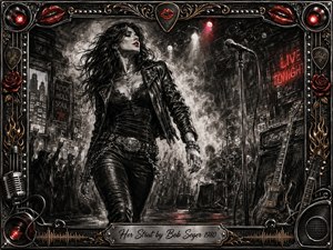 A confident woman strides through a smoky rock-club stage, framed by guitars, amplifiers, a microphone, glowing signs, and shadowy concert crowds. Deep feathered charcoal textures create a gritty monochrome atmosphere, energized by vivid red lips, roses, neon light, and gold-chrome accents. An ornate rock-themed frame completes the dramatic composition.