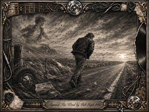 A lone man leans into a fierce wind along an empty highway at dusk, surrounded by blowing papers, grass, and ghostly memories of youth. Deep charcoal textures, smoky grays, and muted sepia highlights create a reflective, weathered mood. An ornate rock-and-road frame surrounds the scene, with musical details and an engraved title plate.