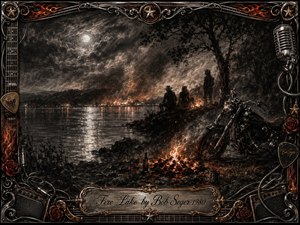 A moonlit lakeshore glows with firelight as shadowed figures gather near a motorcycle beneath smoky trees. Deep charcoal textures, silvery reflections, ember reds, and burnt orange highlights create a restless, nostalgic mood. An ornate rock-and-roll frame of chrome, strings, roses, flames, and musical hardware surrounds the cinematic scene.