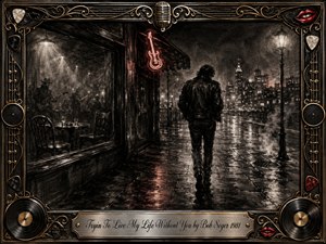 A lone man in a dark leather jacket walks down a rain-soaked city street, leaving a dim blues club behind. Deep charcoal textures, smoky shadows, glowing streetlamps, and restrained red neon create a lonely, resilient mood. An ornate music-themed frame of gold filigree, guitar picks, records, speakers, and red lips surrounds the scene.