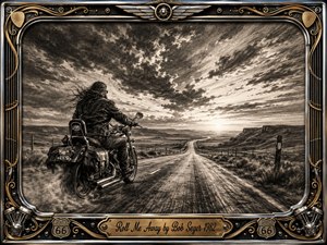 A lone motorcyclist rides into a vast open highway beneath a dramatic, cloud-filled sky, evoking freedom, solitude, and restless adventure. Deep charcoal textures and sepia tones create rugged atmosphere and glowing horizon light. An ornate chrome-and-gold frame features Route 66 badges, motorcycle engines, guitar details, and an engraved title plate.