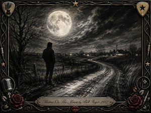 A solitary man stands beside a winding country road beneath an enormous glowing moon, gazing toward distant farmhouse lights. Deep charcoal textures, bare trees, windswept grasses, and dramatic silver highlights create a reflective, melancholy mood. An ornate musical frame of metal, strings, roses, stars, and red accents surrounds the nocturnal scene.