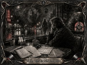 A solitary man sits in a rain-darkened diner, gazing through a window layered with ghostlike memories of a lost love. Deep feathered charcoal textures create a wistful, cinematic mood, accented by muted red neon and chrome highlights. Handwritten pages, coffee, jukebox lights, and an ornate musical frame deepen the nostalgic atmosphere.