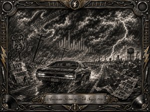 A dark muscle car drives through a rain-lashed industrial highway beneath towering charcoal storm clouds and branching lightning. Windswept posters, leaning power lines, and distant Detroit structures heighten the restless mood. Deep monochrome textures, metallic highlights, and dramatic illumination create gritty rock energy, framed by ornate chrome, gold, vinyl, and guitar-inspired details.
