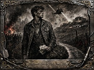 A rugged young man in a worn denim jacket stands beside a bleak roadside, clutching papers and a duffel bag beneath smoky skies filled with helicopters and distant unrest. Deep charcoal blacks, grays, ember reds, and metallic highlights create a defiant, war-torn mood, framed by barbed wire, cables, dog tags, and ornate metalwork.