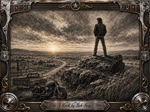 A solitary man stands firmly atop a rugged rock overlooking a winding rural highway at dawn, with a weathered pickup and motorcycle below. Deep charcoal textures, smoky grays, and warm golden light create a reflective, resilient mood. An ornate chrome-and-gold musical frame surrounds the scene, finished with an engraved title plate.