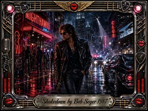 A brooding leather-clad figure strides through a rain-slicked neon city street, surrounded by glowing clubs, police lights, chrome cars, and smoky skyscrapers. Deep blacks, reds, blues, and metallic highlights create a tense 1980s rock-noir mood. An ornate music-themed frame with lips, strings, microphones, and engraved title plate completes the cinematic digital painting.