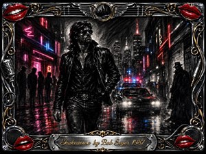 A brooding leather-clad figure strides through a rain-soaked neon city as police lights flare behind him and shadowy silhouettes line the street. Deep feathered charcoal textures mingle with red, magenta, blue, chrome, and gold highlights. An ornate music-themed frame with glossy lips surrounds the tense, cinematic 1980s noir composition.