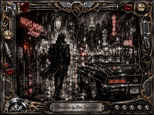 A lone figure strides through a rain-soaked 1980s city street beside a gleaming black convertible, surrounded by neon clubs, police lights, and shadowy nightlife. Deep feathered charcoal textures dominate, accented with crimson reflections, chrome, and gold. An ornate rock-themed frame of microphones, guitar hardware, lips, and amplifier controls completes the dramatic noir composition.