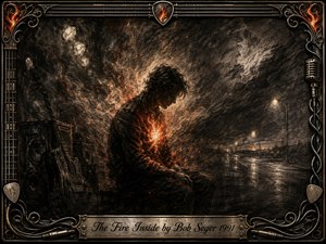 A solitary figure sits hunched beside a guitar and amplifier on a rain-darkened roadside, glowing with ember-red fire from within. Deep feathered charcoal textures, smoky shadows, and muted gold highlights create a brooding, introspective mood. An ornate metallic frame of guitar strings, microphone motifs, flames, and engraved detailing surrounds the cinematic scene.