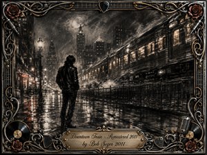 A lone figure stands on a rain-slicked downtown street as a glowing train rushes through the smoky night. Deep charcoal textures, silver-gray shadows, and warm amber lights create a wistful, cinematic mood. An ornate chrome-and-gold music-themed frame, decorated with roses, records, guitar picks, and a vintage microphone, surrounds the scene.