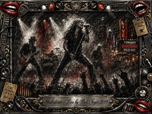 A gritty charcoal concert scene captures a fierce rock performance beneath blazing spotlights and drifting stage smoke, with raised crowd silhouettes surging toward the singer. Deep blacks, smoky grays, vivid crimson, chrome, and gold create electric tension, while ornate musical hardware, red lips, tickets, cables, and engraved metalwork frame the dramatic composition.