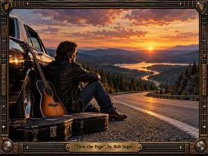A solitary musician sits beside a vintage car and worn guitar case above a winding mountain road at sunset. Golden light floods the river valley, distant peaks, and dramatic clouds, creating a reflective, road-worn mood. Photorealistic textures, weathered surfaces, deep shadows, and a handcrafted guitar-string frame emphasize isolation, movement, memory, and passing time.