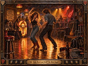 A joyful couple dances across a polished wooden floor in a lively vintage roadhouse, surrounded by a glowing jukebox, live band, neon signs, guitars, and relaxed patrons. Warm amber, red, and golden lighting reflects across the scene, while richly textured oil-paint brushwork and a handcrafted musical frame create nostalgic rock-and-roll energy.